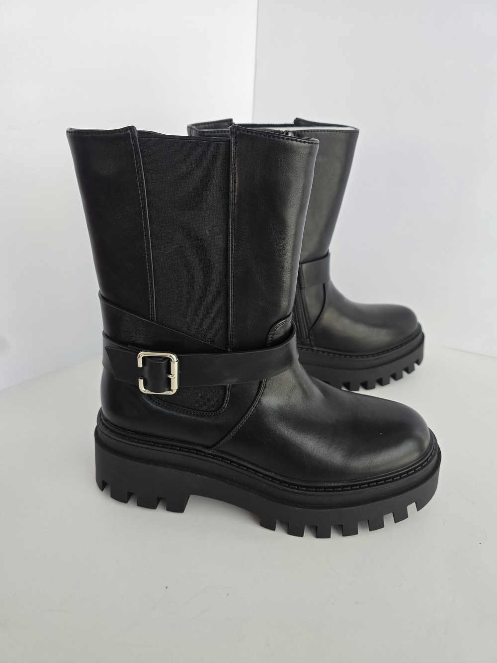 Black Women's Chelsea Mid-Calf Lug Sole Boots with Buckle